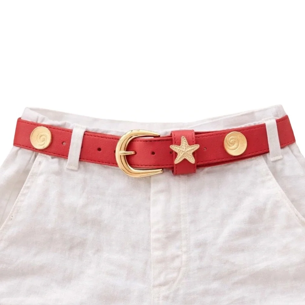 Vintage Dockers Coastal Red Leather Belt Gold Seashells M 28–32